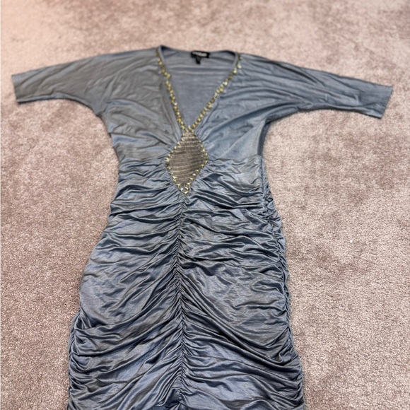 Elegant Grey Ruched Mini Dress with Beaded V-Neck - Picture 7 of 7